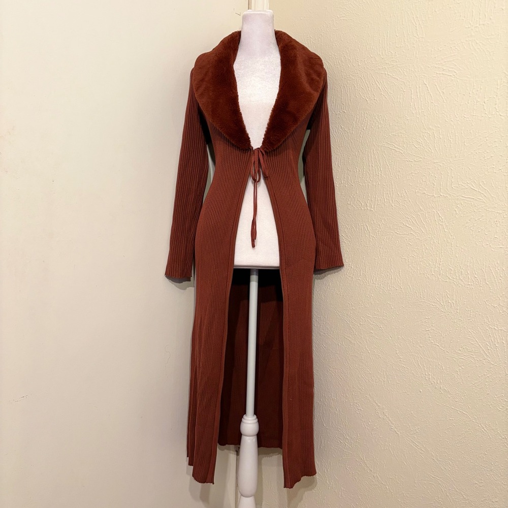 Orange Brown Ribbed Knit Faux Fur Collar Duster Long Cardigan Front Tie Fall L